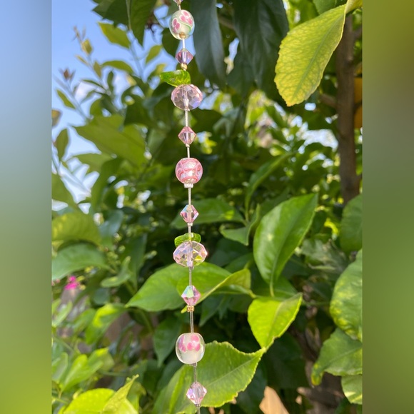 Pink crystal sun catcher with various crystal, glass and metal beads/accents - Picture 6 of 11